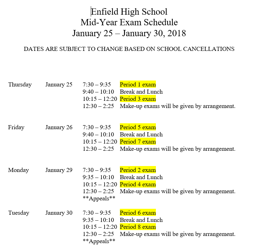 MidTerm Exam Schedule Enfield High School